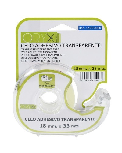 Cinta Celo Adhesivo Transparente 18 mm. x 33 Mts. Con Dispensador.