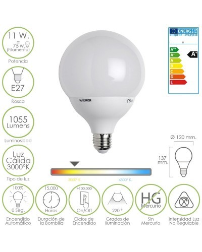 Bombilla Led Globo E27. 11 W. 75 w. 1055 lúmenes. Luz Calida (3000ºK)