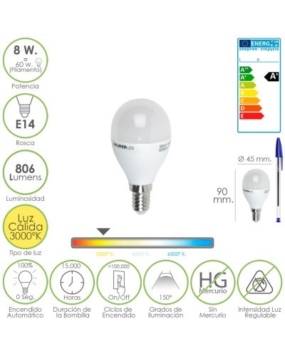 Bombilla Led Globo Mini Rosca E14 (Fina). 8 Watt. Equivale A 60 Watt. 806 Lumenes. Luz Cálida (3000º K.) A+