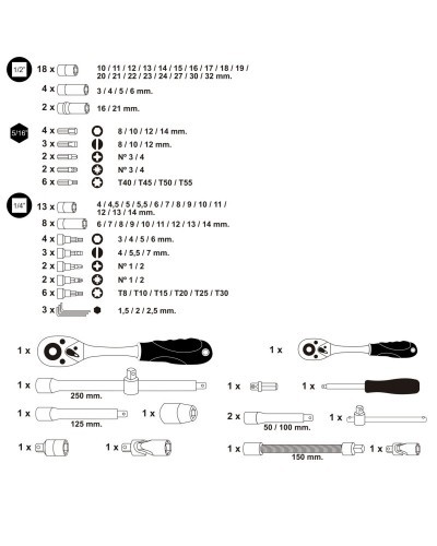 Juego Completo Llaves Vaso, kit 94 Piezas, 1/4"-1/2", Target Acero Vanadio, Con Maletin