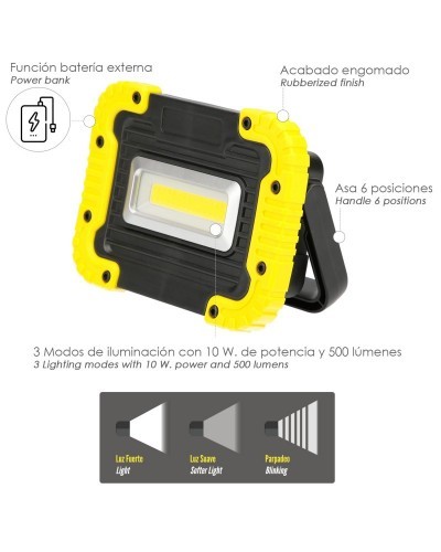 Linterna de Trabajo Led Multifunción Recargable 2.000 mAh. / 10 W. / 500 Lúmenes / 4 Imanes / Bateria Externa / Soporte 180º