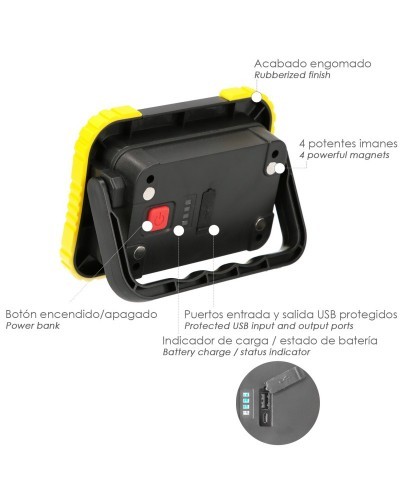 Linterna de Trabajo Led Multifunción Recargable 2.000 mAh. / 10 W. / 500 Lúmenes / 4 Imanes / Bateria Externa / Soporte 180º