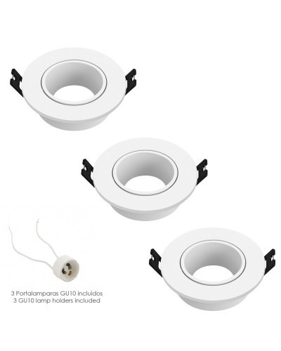 Aro Foco Empotrable Regulable Con Portalamparas Para Bombillas GU10 Ø 90 x 29 mm. Bombilla encastrada. Pack de 3 unidades