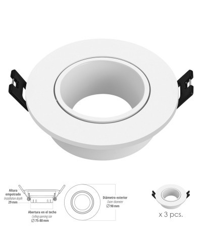 Aro Foco Empotrable Regulable Con Portalamparas Para Bombillas GU10 Ø 90 x 29 mm. Bombilla encastrada. Pack de 3 unidades