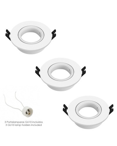 Aro Foco Empotrable Regulable Con Portalamparas Para Bombillas GU10 Ø 90 x 25 mm. Bombilla vista. Pack de 3 unidades