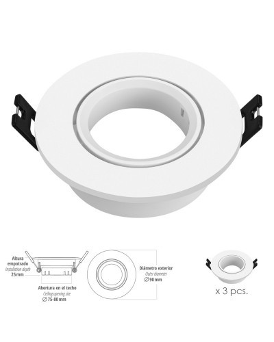 Aro Foco Empotrable Regulable Con Portalamparas Para Bombillas GU10 Ø 90 x 25 mm. Bombilla vista. Pack de 3 unidades