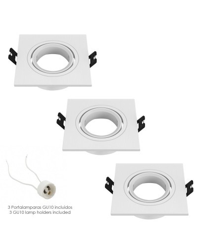 Aro Foco Empotrable Regulable Con Portalamparas Para Bombillas GU10. 93 x 93 x 25 mm. Bombilla vista. Pack de 3 unidades