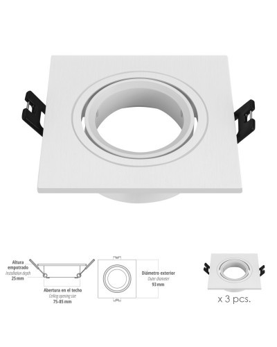 Aro Foco Empotrable Regulable Con Portalamparas Para Bombillas GU10. 93 x 93 x 25 mm. Bombilla vista. Pack de 3 unidades