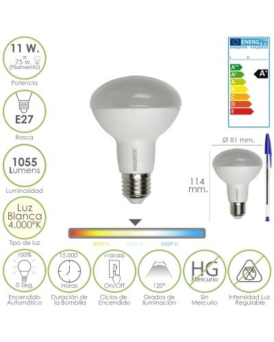 Bombilla Led Standar Rosca E27 (Gorda) 11 Watt. Equivale a 75 Watt. 1055 Lumenes. Luz Blanca (4.000º K) A+