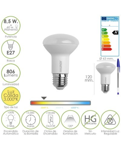 Bombilla Led Standar Rosca E27 (Gorda) 8,5 Watt. Equivale a 60 Watt. 806 Lumenes. Luz cálida (3.000º K) A+