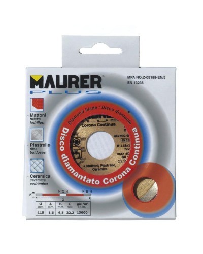 Disco Diamante Maurer Continuo Ladrillo, Baldosas, Ceramica 115 mm.