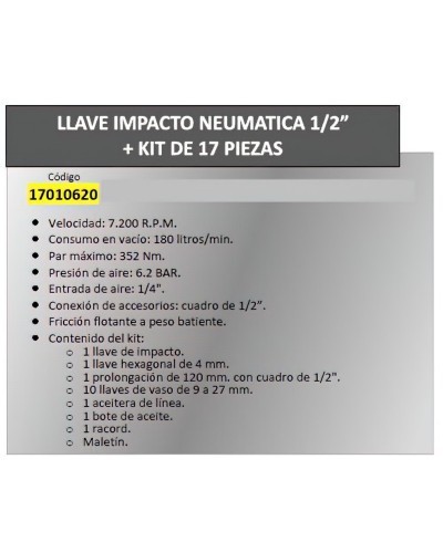 Llave Impacto Neumatica Yamato 1/2" con Kit 17 Piezas