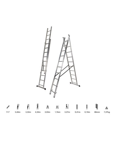 Escalera Aluminio 2 Tramos 7+7 Peldaños. Plegable, Antideslizante, Resistente