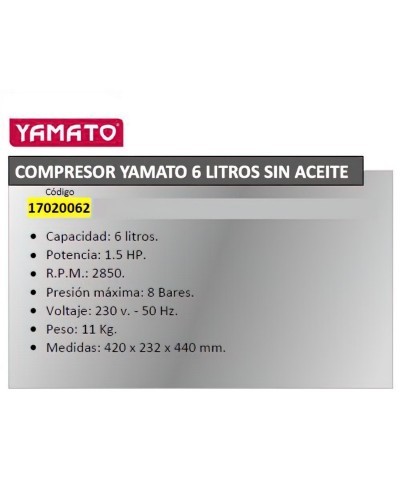 Compresor Yamato 6 Litros 1,5hp Sin Aceite