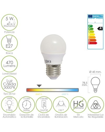 Bombilla Led Esferica E27 5 W. - 40 W. 470 lúmenes. Luz cálida (3.000 °K).